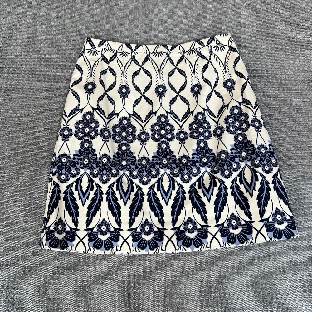 J.Crew Mini Skirt Womens 4 Ivory Blue Floral Damask Print Lined Stretch Back Zip